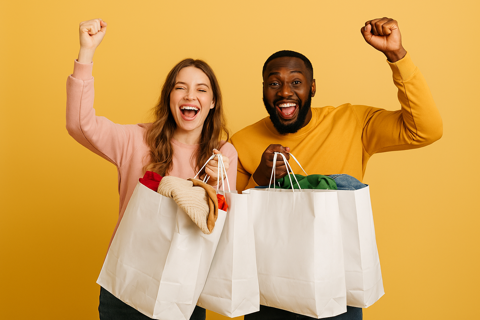 Två personer håller upp flera stora vita shoppingkassar fyllda med kläder mot en gul bakgrund. Bilden symboliserar lyckad shopping och fynd, perfekt för en outlet- eller kampanjsida.