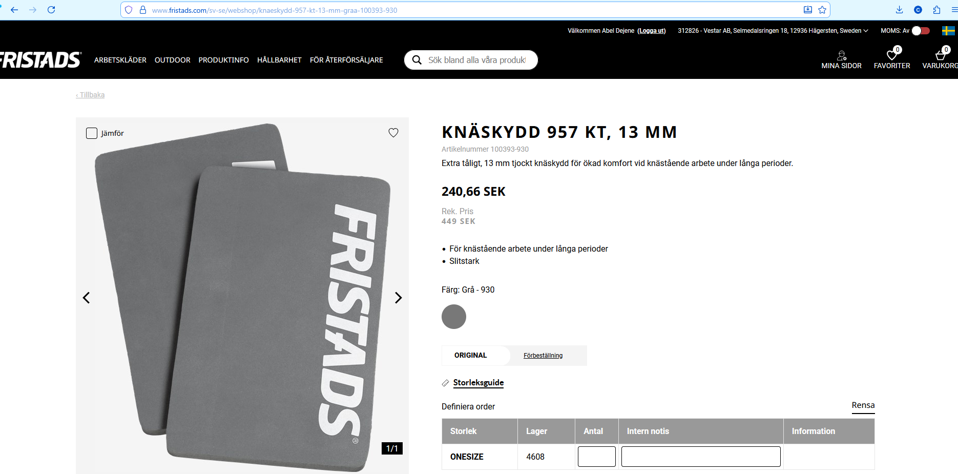 Fristads Knäskydd 957 KT – Grå, 13 mm