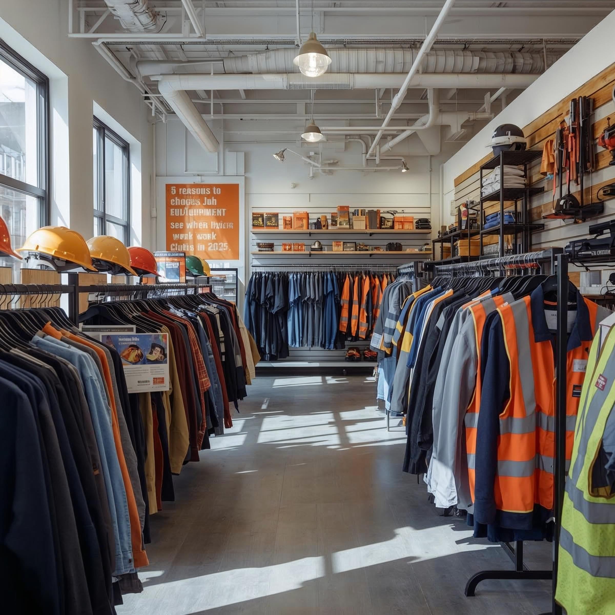 Showroom butik med massa olika arbetskläder och hjälmar.