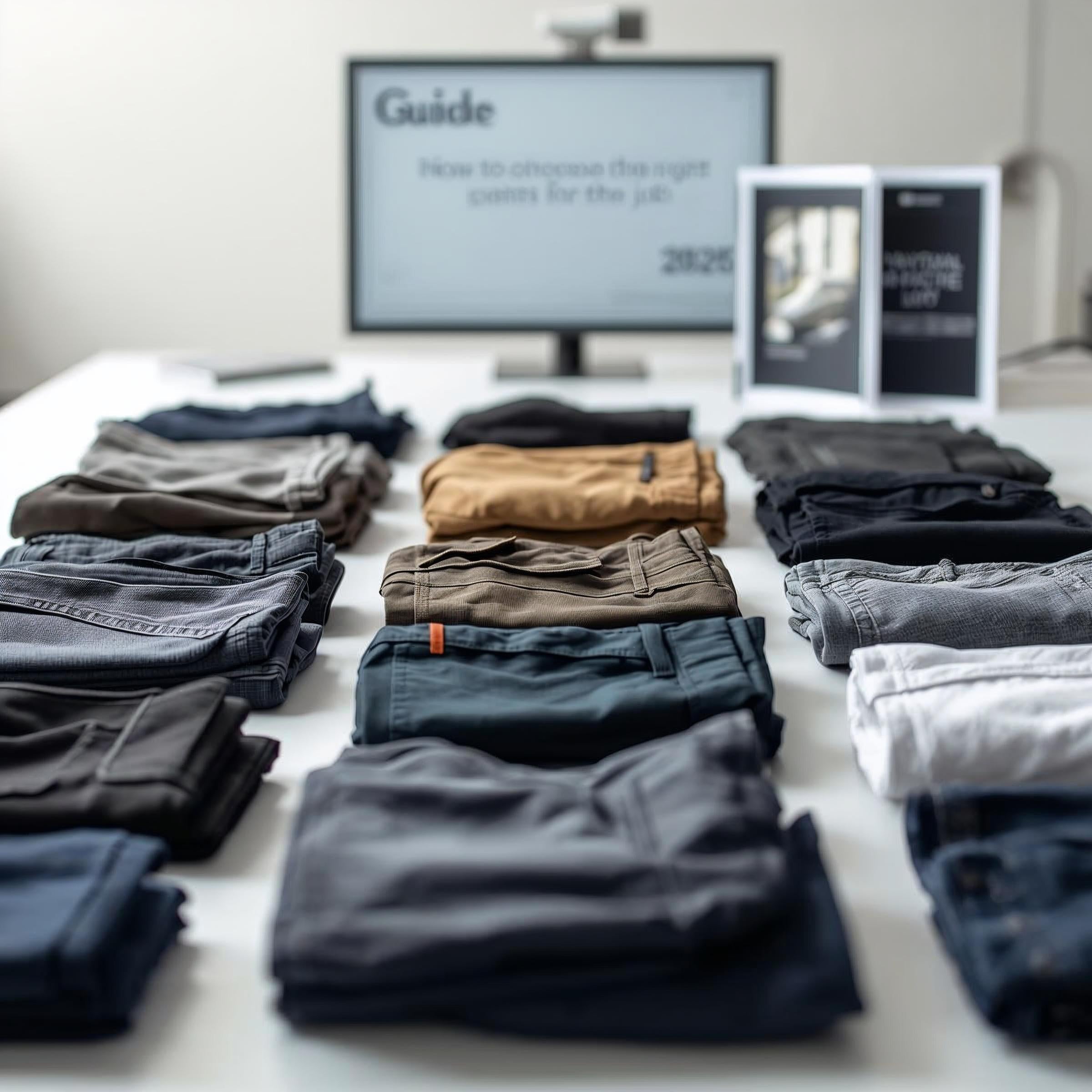 Flera olika byxor på ett vitt bord, vikta för jämförelse.