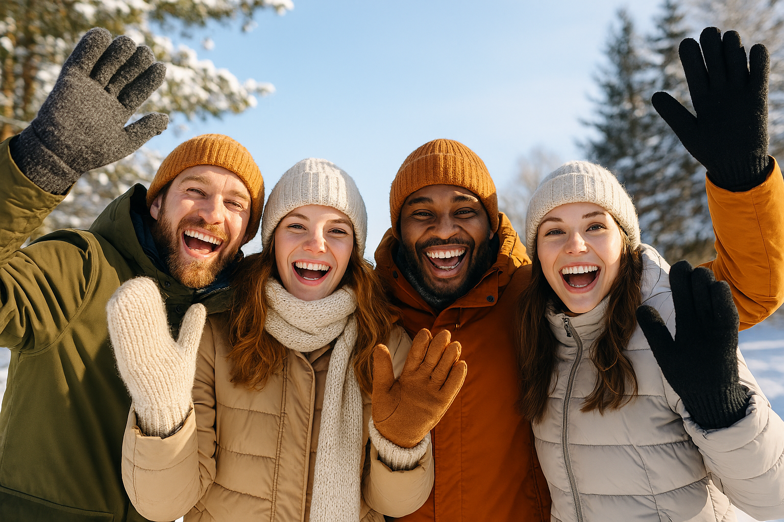 Fyra personer i vinterkläder med mössor, halsdukar, handskar och vantar ler och vinkar i snötäckt landskap.