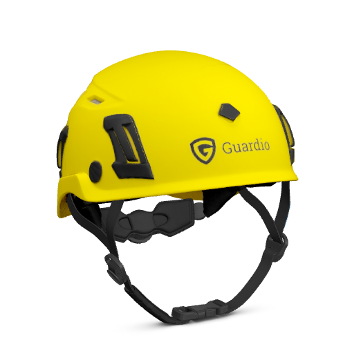 Klargul skyddshjälm med svart hakrem och fästen för tillbehör. Justerbar passform, ventilationsöppningar och logotyp med bokstaven "G" på sidan. Designad för industri- och byggarbete.